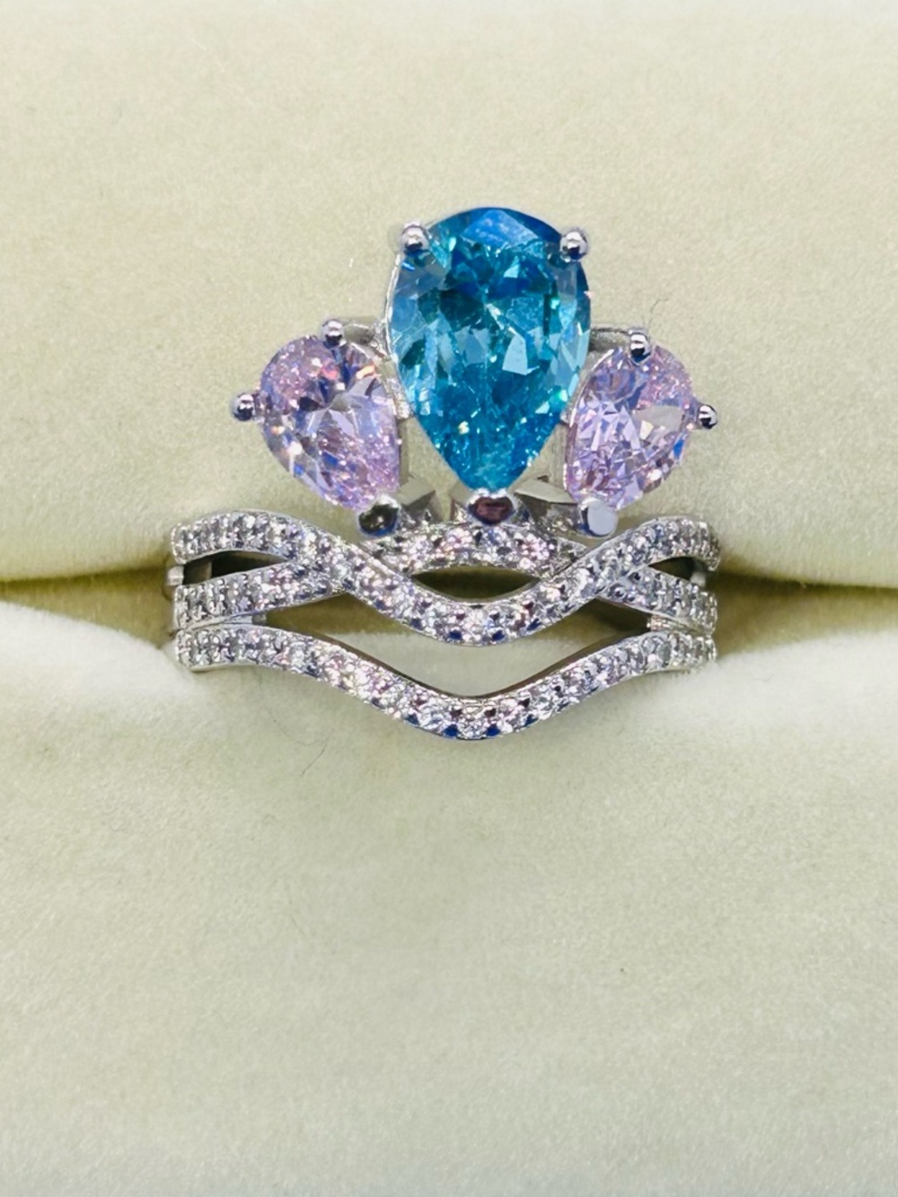 Silver Ring Set with Teardrop Blue and Pink Stones